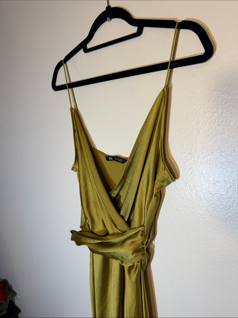 Zara Olive Chartreuse Satin Faux Wrap Silky Maxi Slip Dress Large Cocktail - Picture 7 of 12